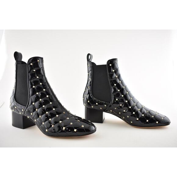 Valentino Rockstud Chelsea Spike Black Patent Stud Heel Short Ankle Bootie 37.5 - Picture 4 of 12